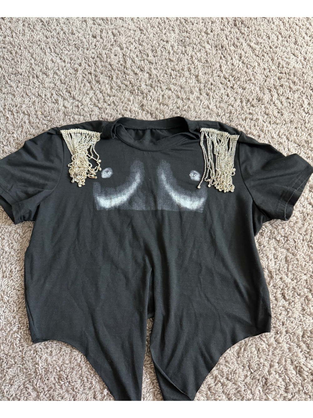 Preloved Black Short Sleeve Tee with Silver Beaded Shoulder Tassels